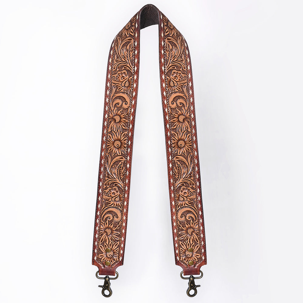 ADBT147 Wide Hand-Tooled Leather Bag Strap with Whipstitch Edges - Western Floral Carved Replacement