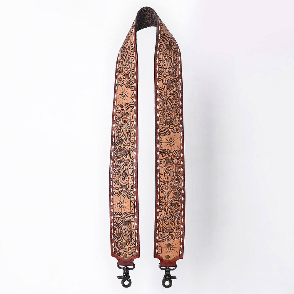 ADBT147 Wide Hand-Tooled Leather Bag Strap with Whipstitch Edges - Western Floral Carved Replacement