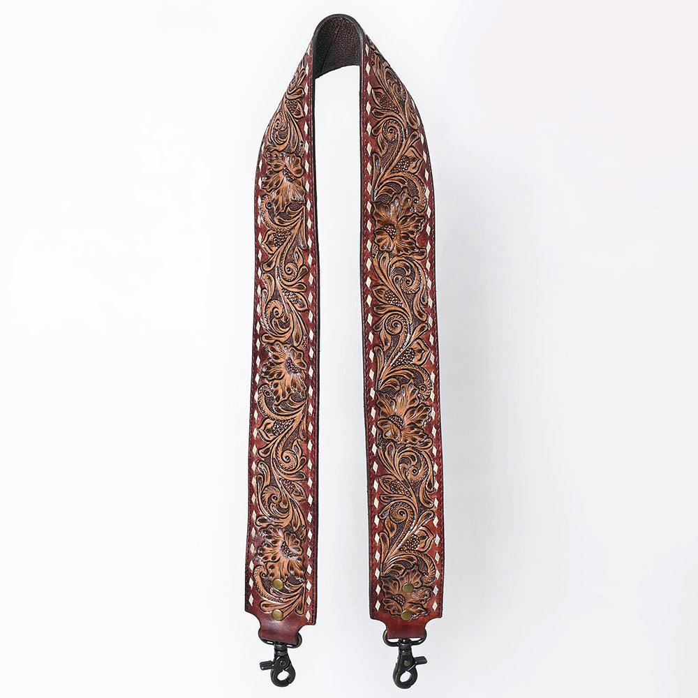 ADBT147 Wide Hand-Tooled Leather Bag Strap with Whipstitch Edges - Western Floral Carved Replacement