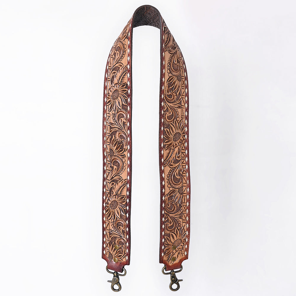 ADBT147 Wide Hand-Tooled Leather Bag Strap with Whipstitch Edges - Western Floral Carved Replacement