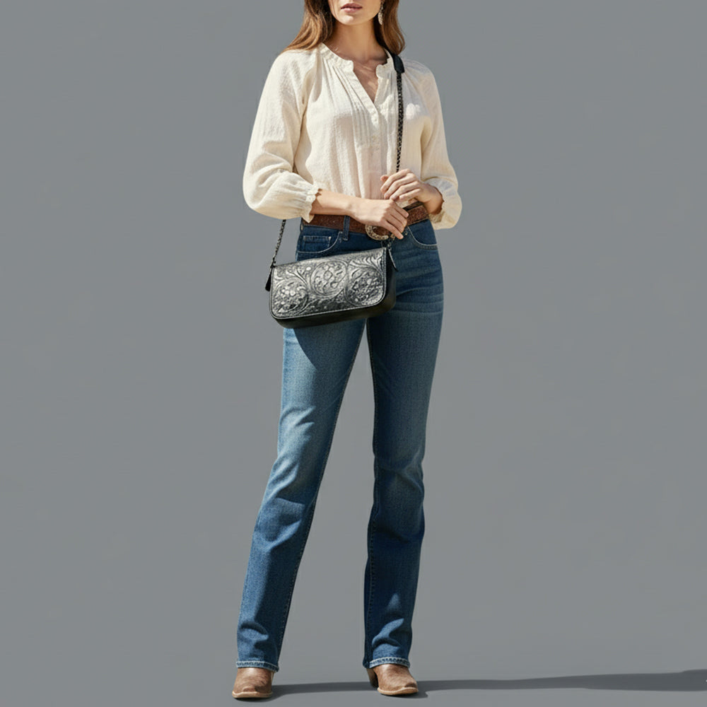 ADBGZ903A Black Hand-Tooled Genuine Leather Crossbody Bag with Chain Strap