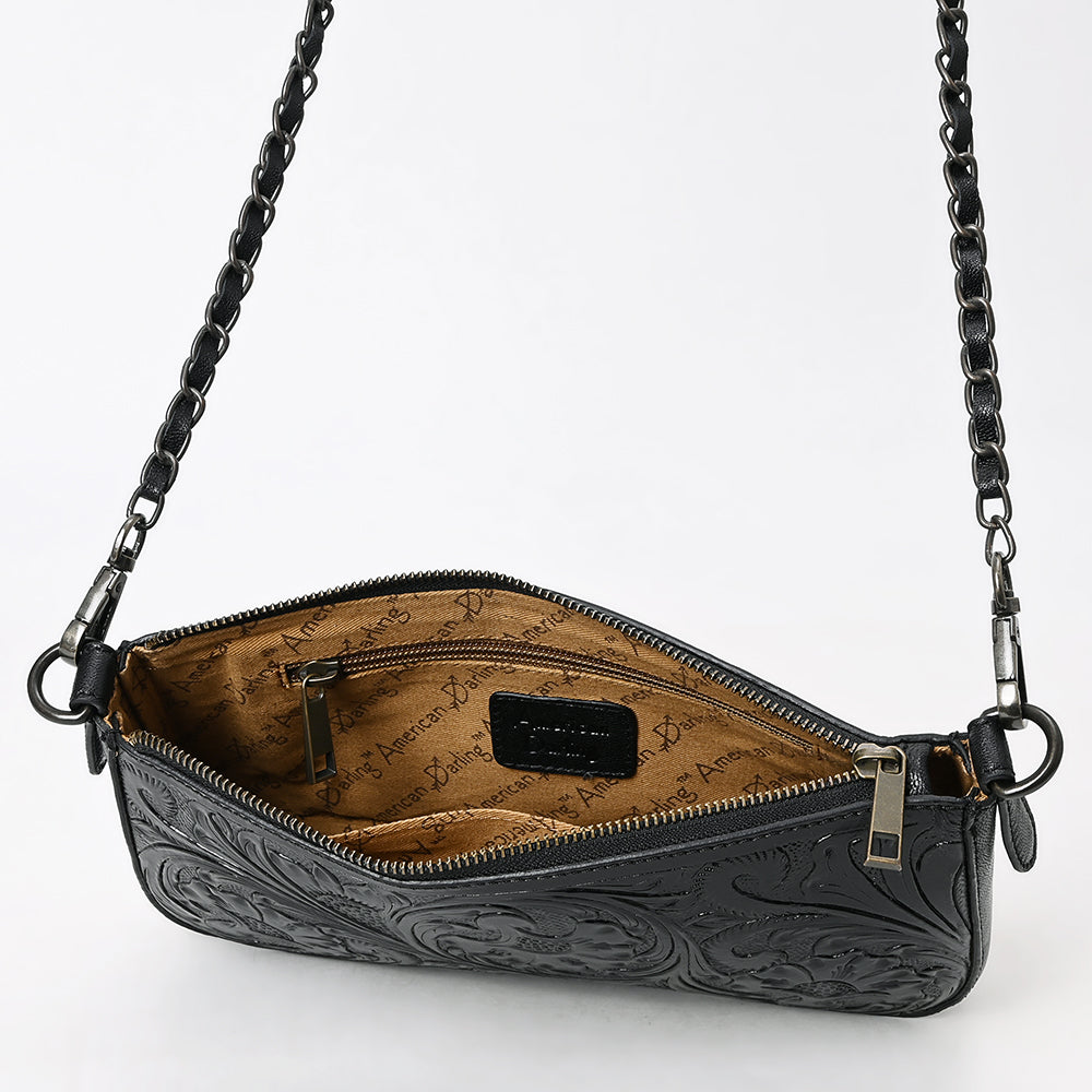 ADBGZ903A Black Hand-Tooled Genuine Leather Crossbody Bag with Chain Strap