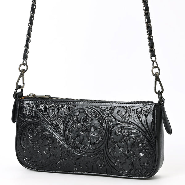 ADBGZ903A Black Hand-Tooled Genuine Leather Crossbody Bag with Chain Strap