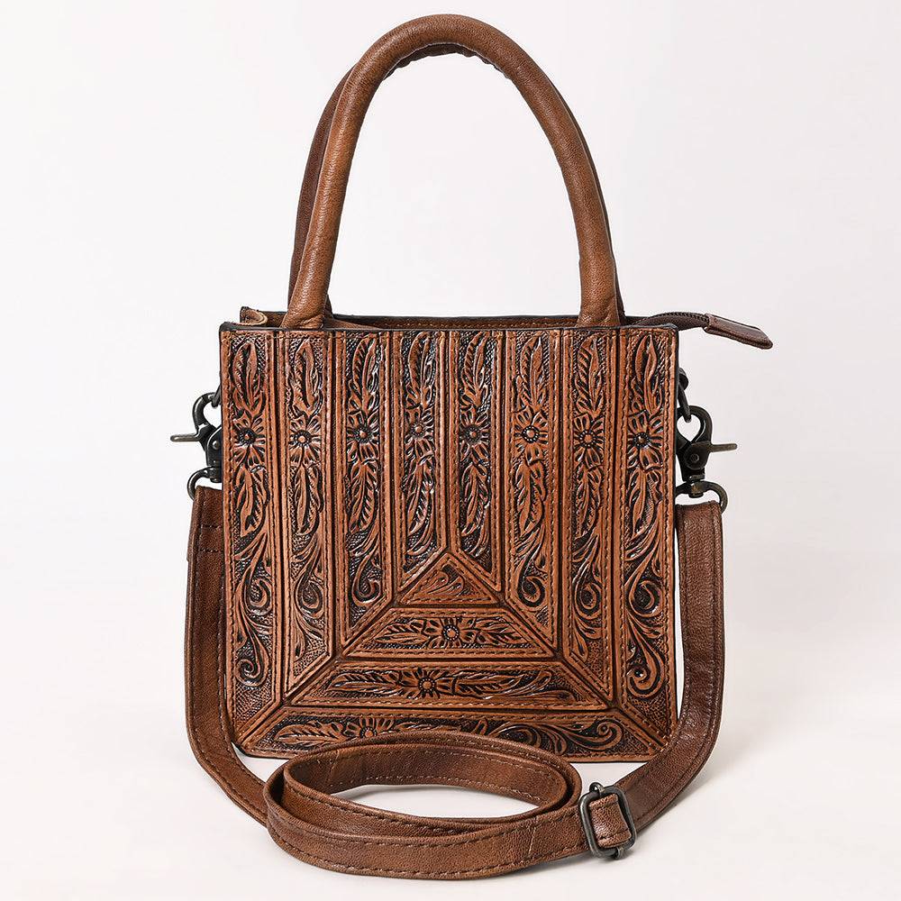 ADBG1608 Compact Handtooled Leather Crossbody Tote Bag with Geometric Floral Pattern