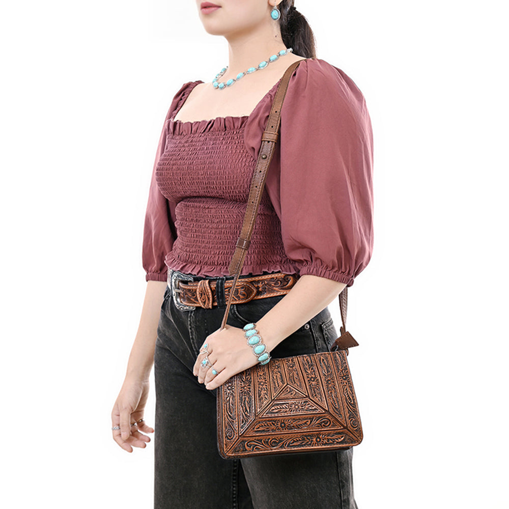 ADBG1609 Horizontal Tooled Leather Crossbody Bag with Geometric Floral Pattern