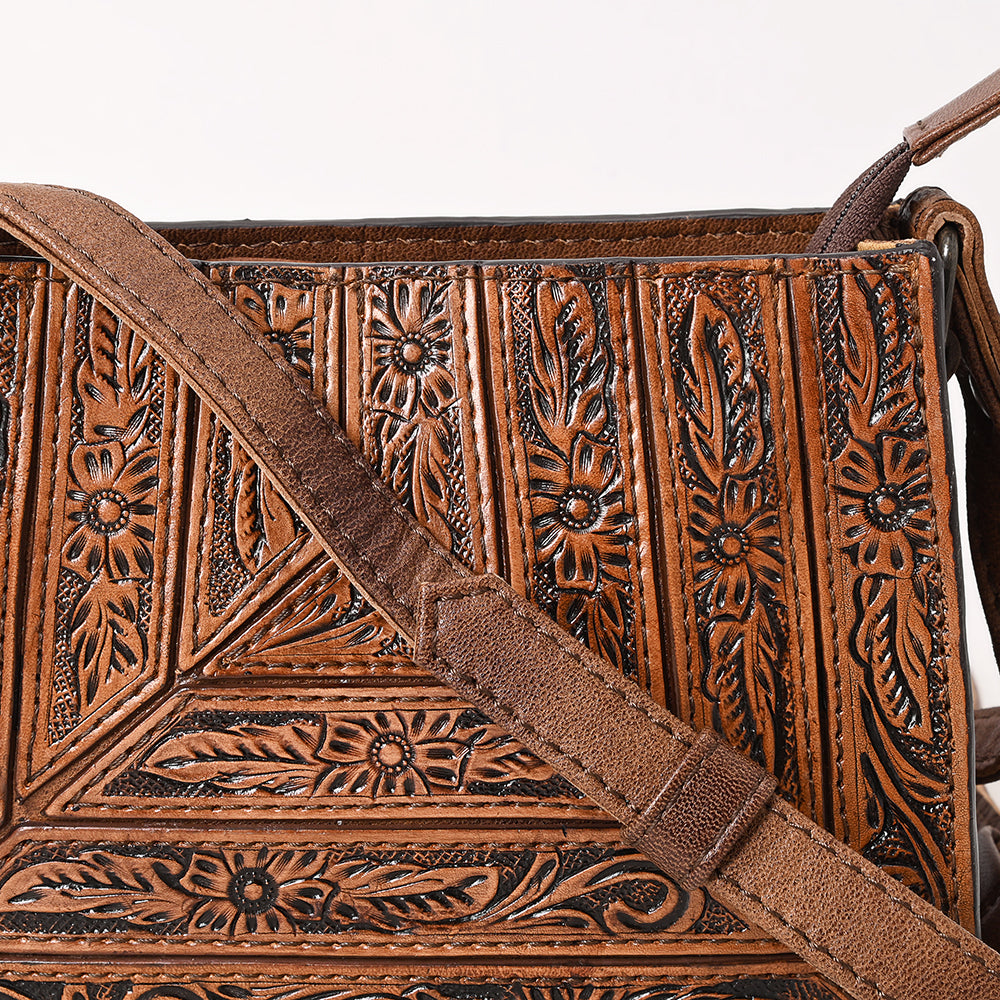 ADBG1609 Horizontal Tooled Leather Crossbody Bag with Geometric Floral Pattern