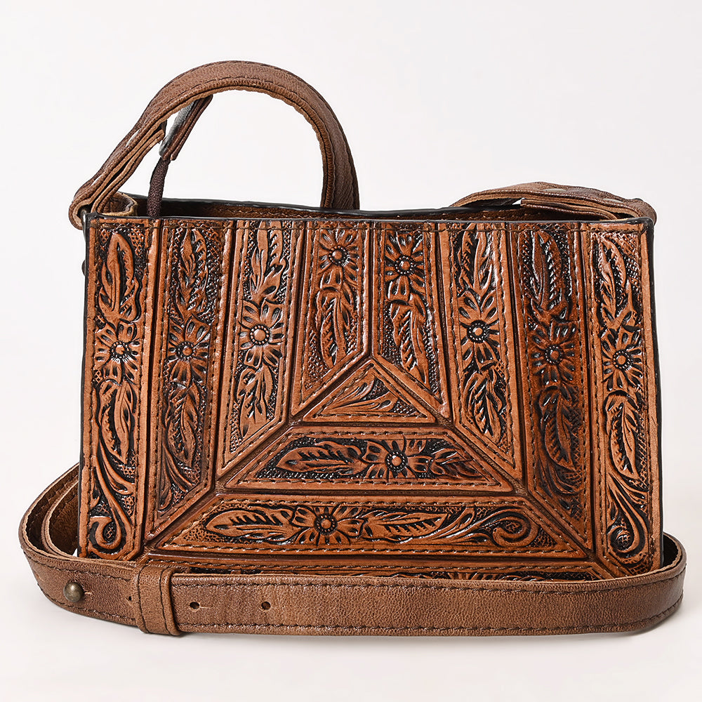 ADBG1609 Horizontal Tooled Leather Crossbody Bag with Geometric Floral Pattern
