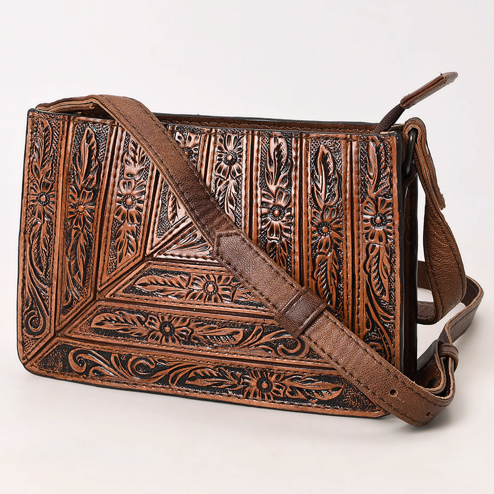 ADBG1609 Horizontal Tooled Leather Crossbody Bag with Geometric Floral Pattern