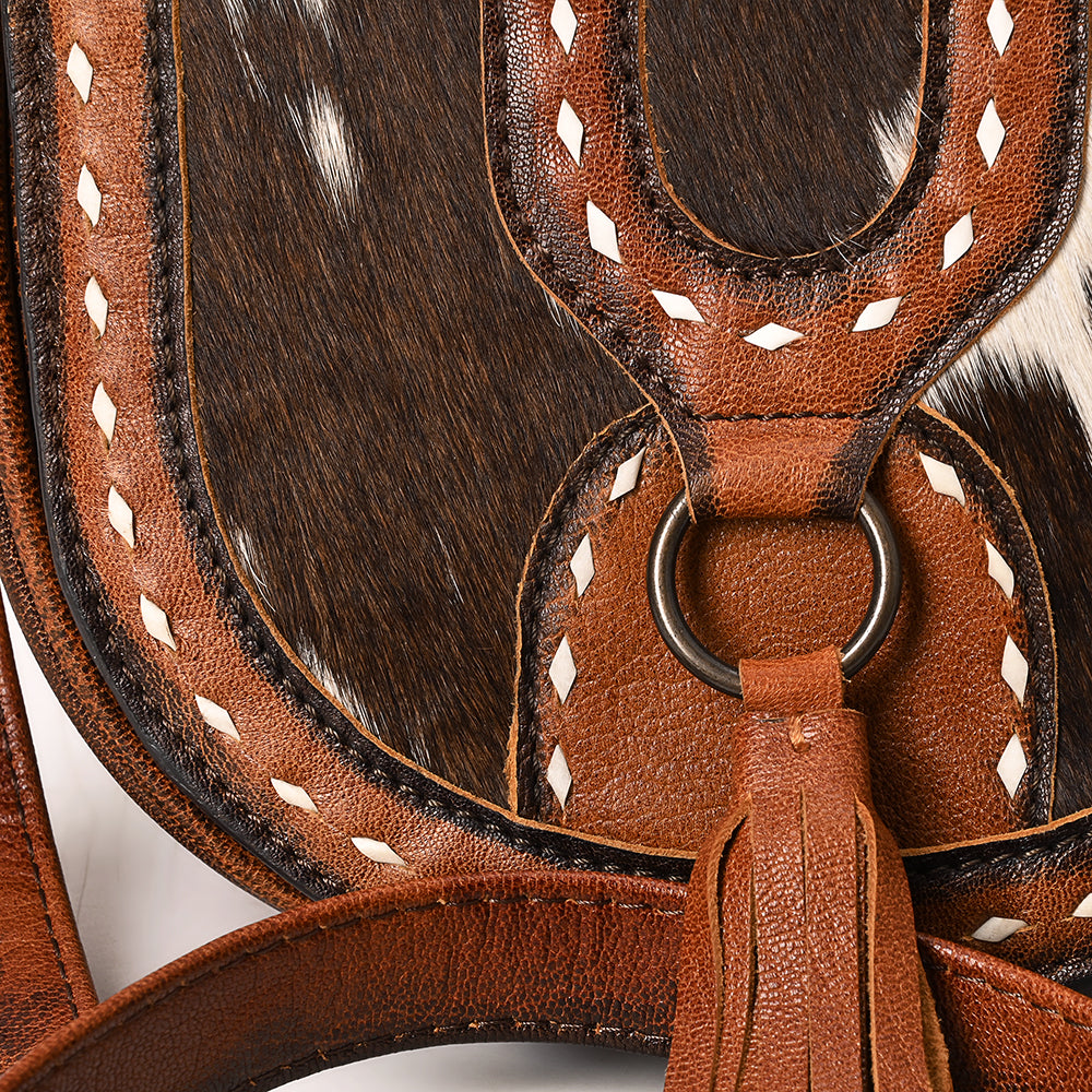 ADBG1610 Hair-On Cowhide Saddle Crossbody Bag with Leather Tassel & Western Stitching