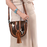 ADBG1610 Hair-On Cowhide Saddle Crossbody Bag with Leather Tassel & Western Stitching