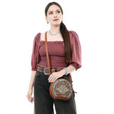 ADBG1611 Round Tribal Thunderbird Tooled Leather Canteen Bag with Turquoise Accents