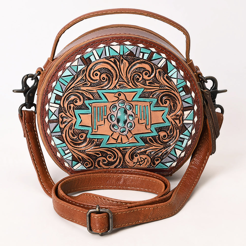 ADBG1611 Round Tribal Thunderbird Tooled Leather Canteen Bag with Turquoise Accents