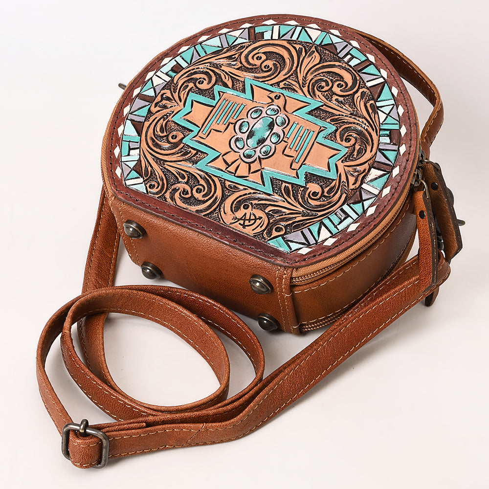 ADBG1611 Round Tribal Thunderbird Tooled Leather Canteen Bag with Turquoise Accents