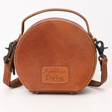 ADBG1611 Round Tribal Thunderbird Tooled Leather Canteen Bag with Turquoise Accents