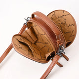 ADBG1611 Round Tribal Thunderbird Tooled Leather Canteen Bag with Turquoise Accents