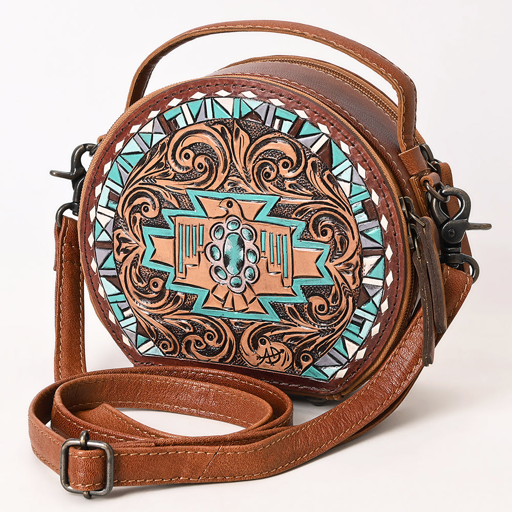 ADBG1611 Round Tribal Thunderbird Tooled Leather Canteen Bag with Turquoise Accents