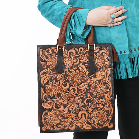 American Darling Hand Tooled Genuine Leather Tote Bag Floral Carved