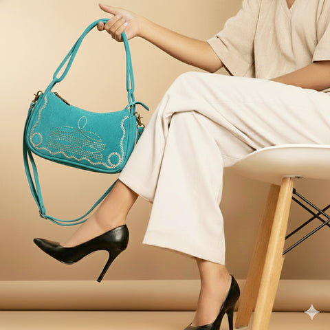 Genuine suede Western Crossbody Bag with Contrast Stitching & Dual Strap Design