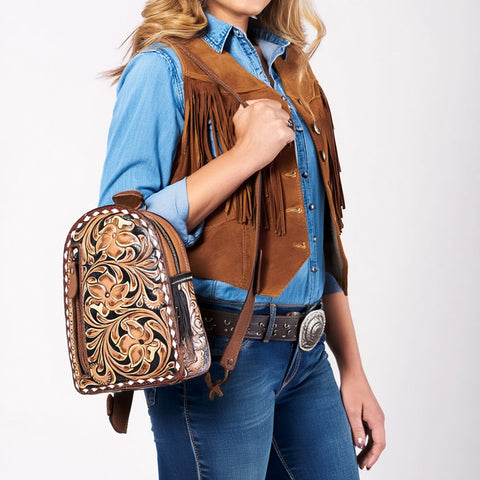 American Darling Tooled Leather Sling with Cowhide Inlay & White Lacing Trim
