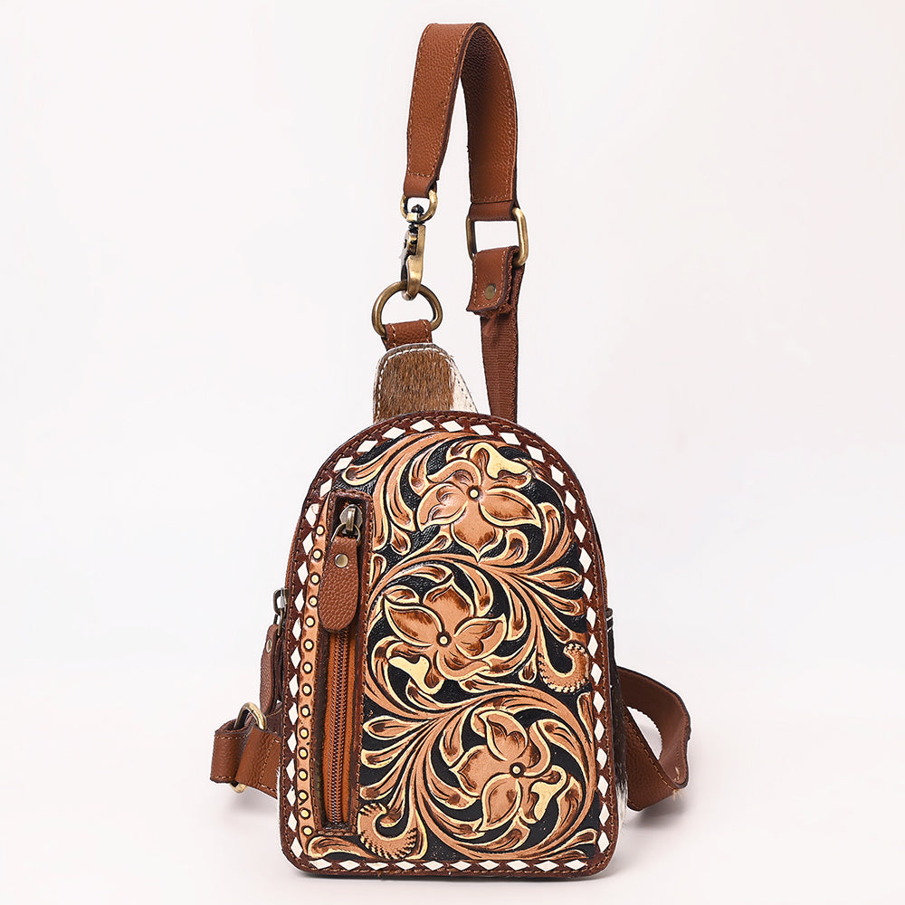 ADBGA651 Tooled Leather Sling Backpack with Cowhide Inlay & White Lacing Trim