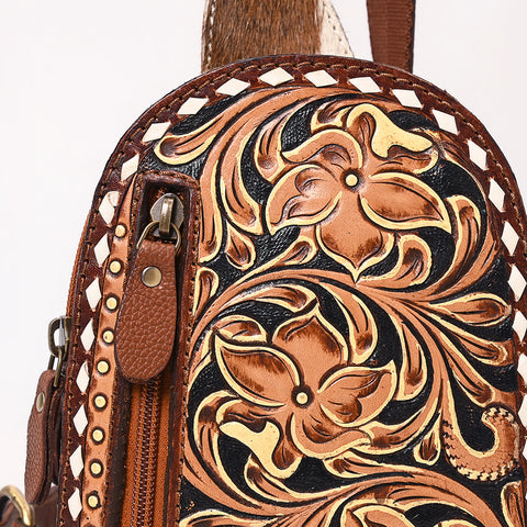 American Darling Tooled Leather Sling with Cowhide Inlay & White Lacing Trim