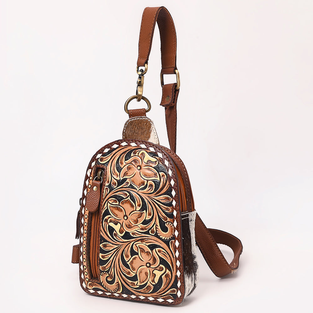 ADBGA651 Tooled Leather Sling Backpack with Cowhide Inlay & White Lacing Trim