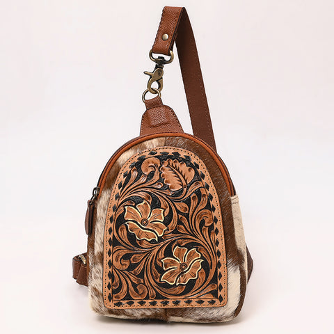 American Darling Floral Tooled Leather & Cowhide Sling with Teardrop Panel Design