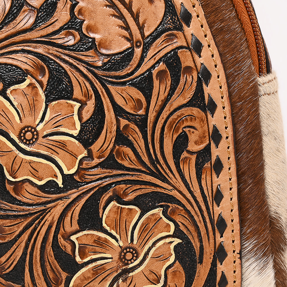 ADBGA652 Floral Tooled Leather & Cowhide Sling Backpack with Teardrop Panel Design