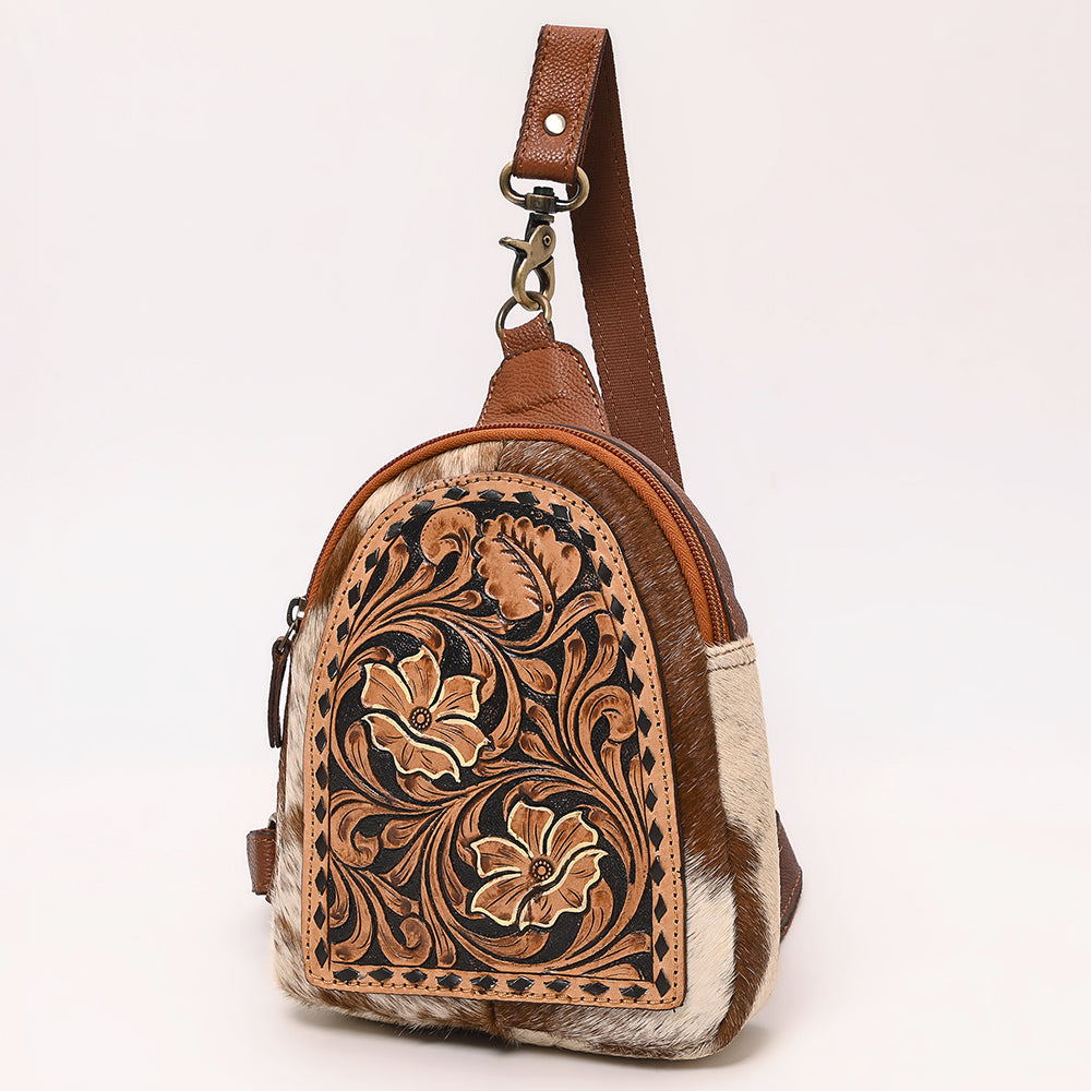 ADBGA652 Floral Tooled Leather & Cowhide Sling Backpack with Teardrop Panel Design