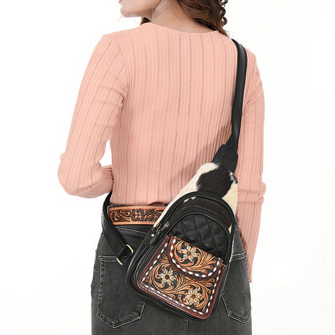 American Darling Hand-Tooled Floral Hair-On Cowhide Leather Sling Bag