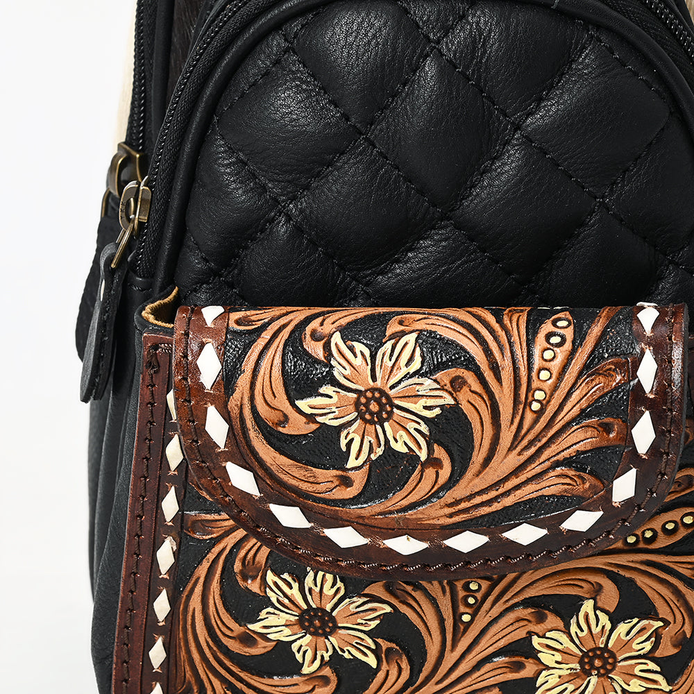 ADBGA657 Western Cowhide & Hand-Tooled Leather Sling Backpack-Black Quilted with Floral Accents