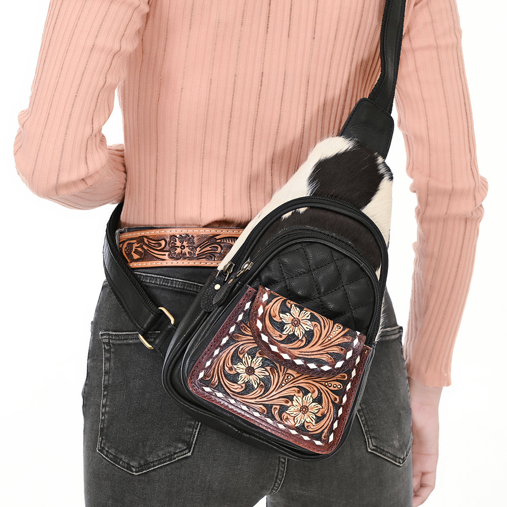 ADBGA657 Western Cowhide & Hand-Tooled Leather Sling Backpack-Black Quilted with Floral Accents