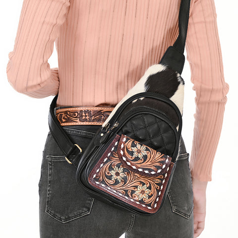 American Darling Hand-Tooled Floral Hair-On Cowhide Leather Sling Bag