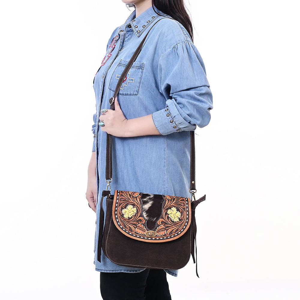 ADBGA660 Western Cowhide & Tooled Leather Genuine suede Crossbody Bag with Floral Accents-Dark Brown