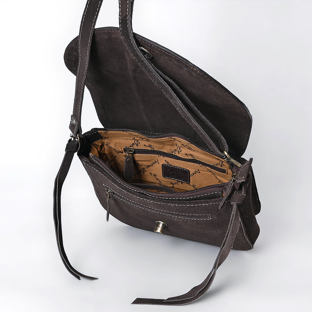 ADBGA660 Western Cowhide & Tooled Leather Genuine suede Crossbody Bag with Floral Accents-Dark Brown