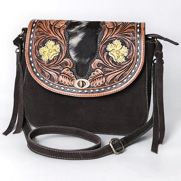 ADBGA660 Western Cowhide & Tooled Leather Suede Crossbody Bag with Floral Accents-Dark Brown