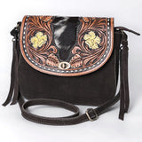 ADBGA660 Western Cowhide & Tooled Leather Suede Crossbody Bag with Floral Accents-Dark Brown