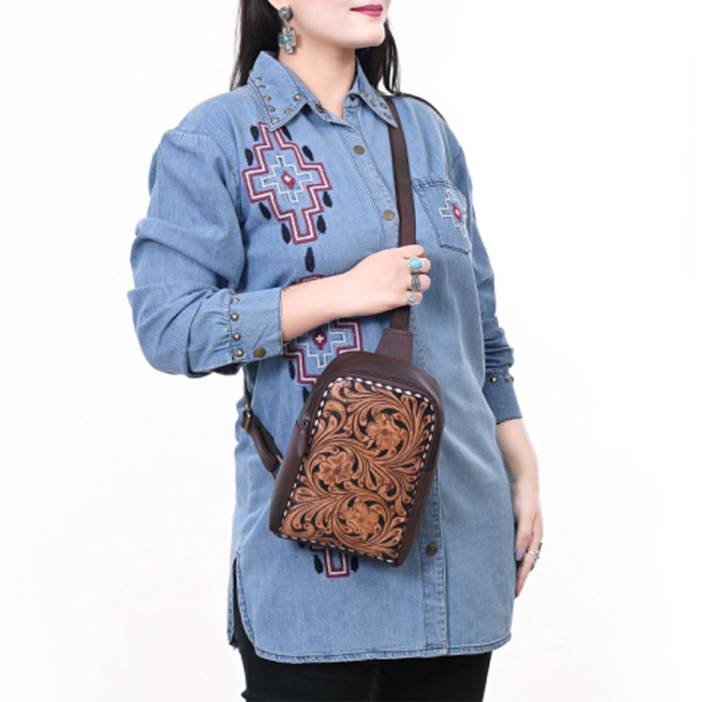 ADBGA661 Hand-Tooled Leather Western Sling Backpack-Brown Floral Scroll Design