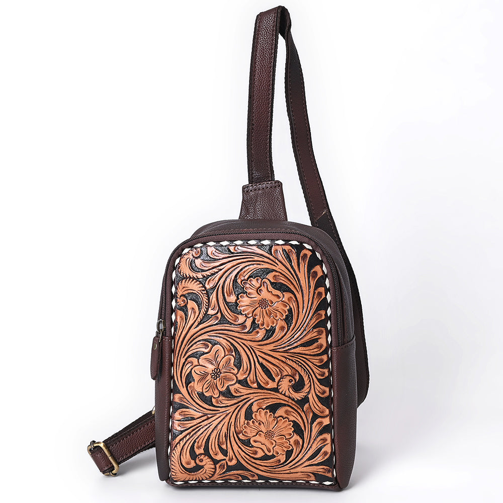 ADBGA661 Hand-Tooled Leather Western Sling Backpack-Brown Floral Scroll Design