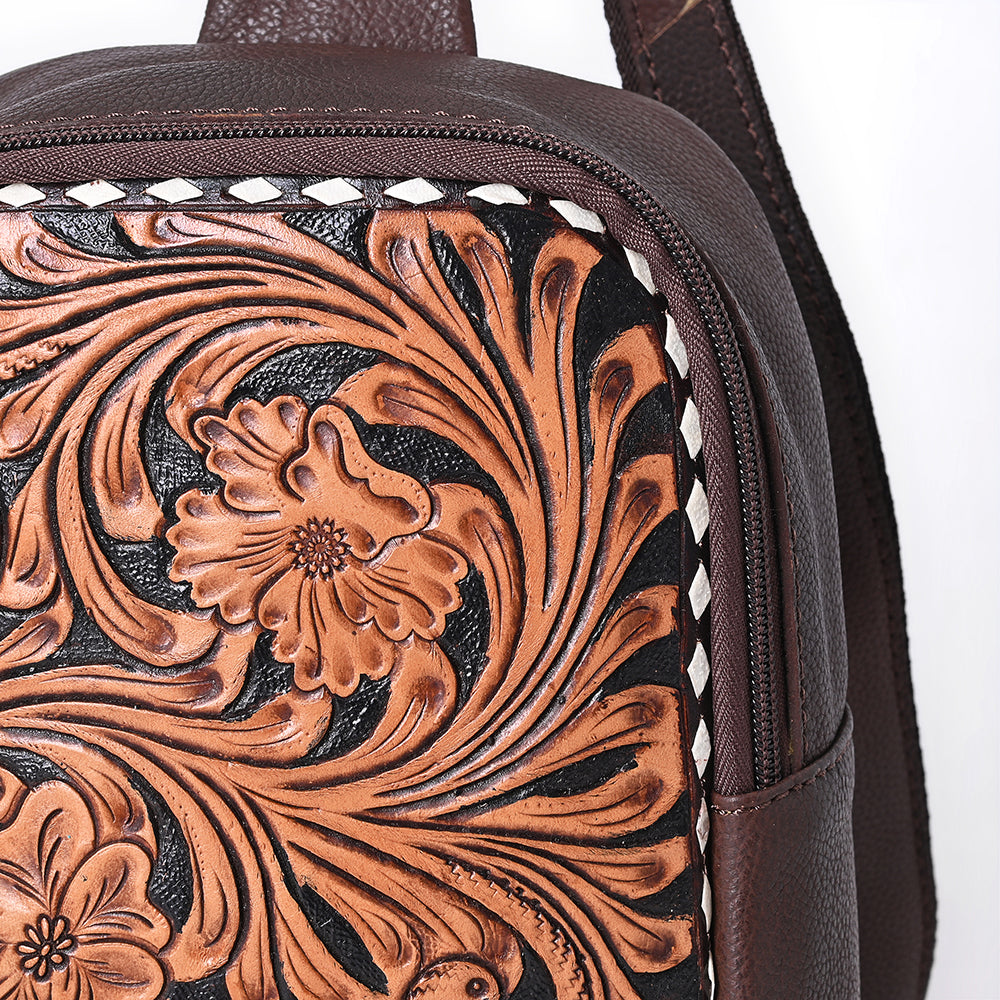 ADBGA661 Hand-Tooled Leather Western Sling Backpack-Brown Floral Scroll Design