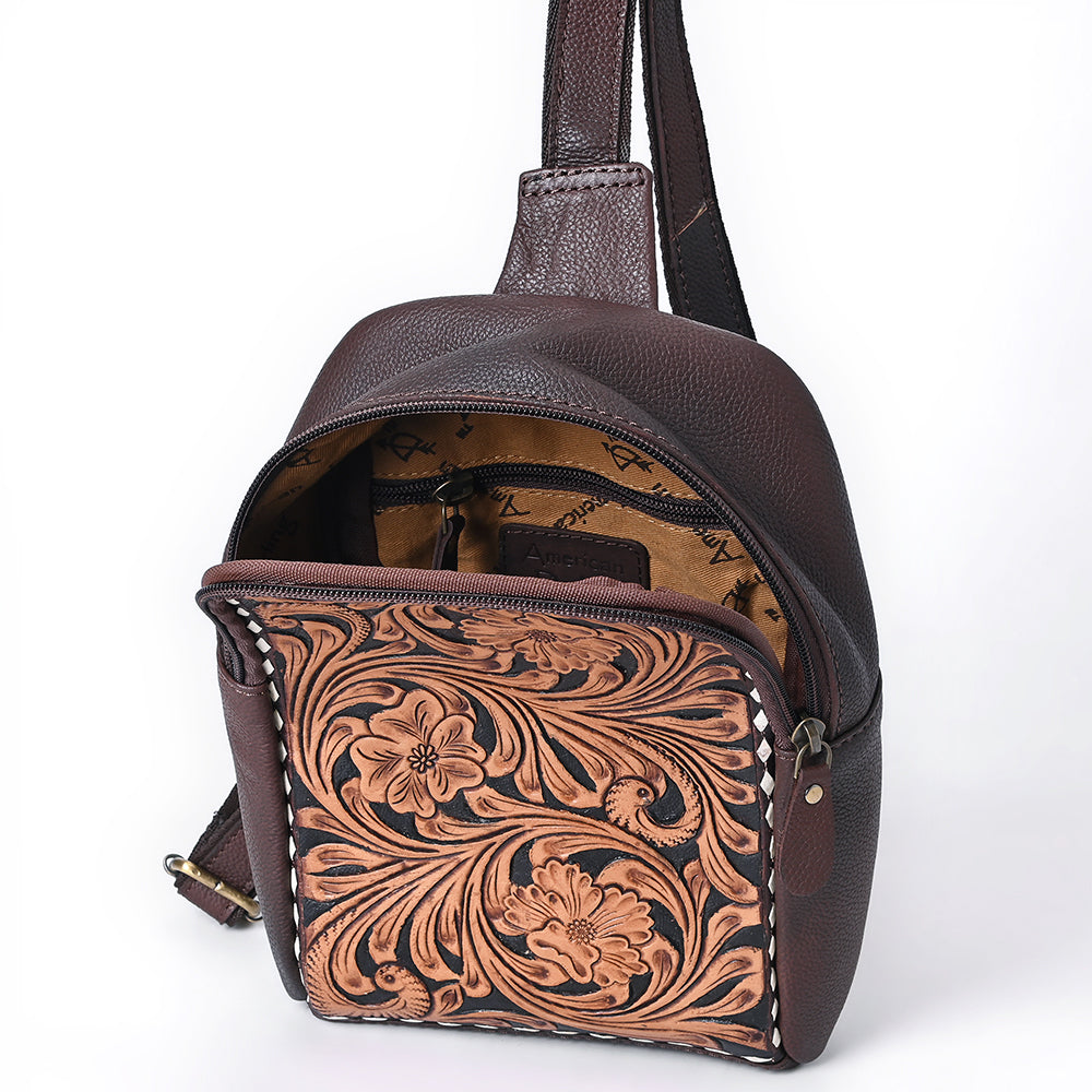 ADBGA661 Hand-Tooled Leather Western Sling Backpack-Brown Floral Scroll Design