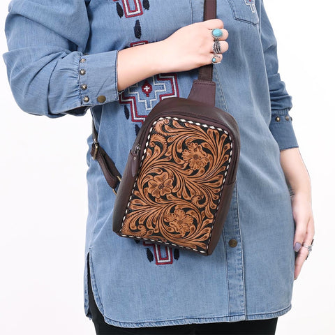 American Darling Hand Tooled Floral Genuine Leather Sling Bag