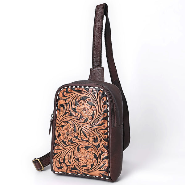 ADBGA661 Hand-Tooled Leather Western Sling Backpack-Brown Floral Scroll Design