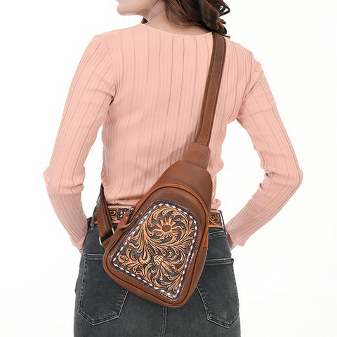 American Darling Hand Tooled Floral Carved Western Genuine Leather Sling Bag