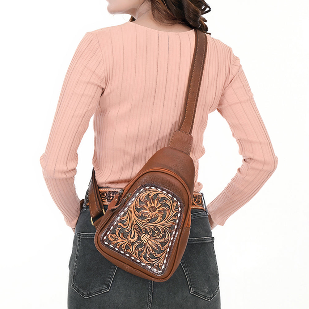 ADBGA662 Brown Leather Sling Backpack with Tooled Floral Front Pocket