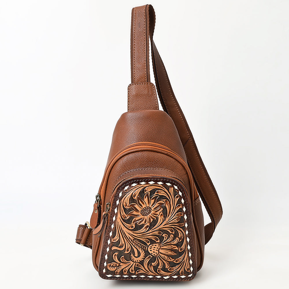 ADBGA662 Brown Leather Sling Backpack with Tooled Floral Front Pocket