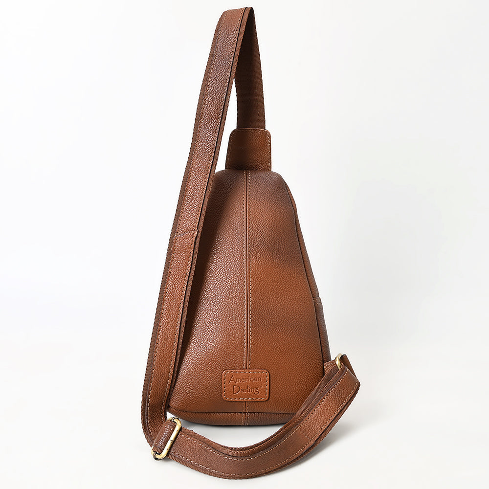 ADBGA662 Brown Leather Sling Backpack with Tooled Floral Front Pocket