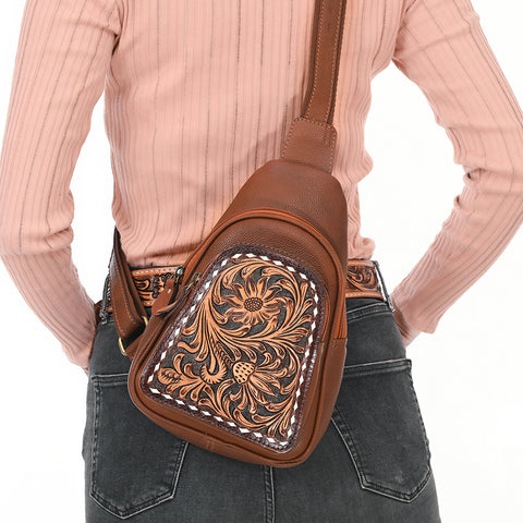 American Darling Hand Tooled Floral Carved Western Genuine Leather Sling Bag
