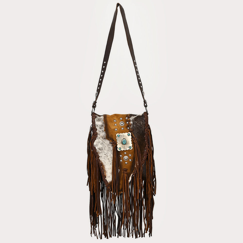 ADBGM477 Cowhide & Leather Western Fringe Crossbody Bag - Western Concho Bag with Turquoise Accent