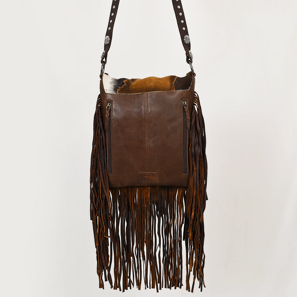 ADBGM477 Cowhide & Leather Western Fringe Crossbody Bag - Western Concho Bag with Turquoise Accent